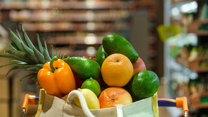Eco bag with different fruits vegetables