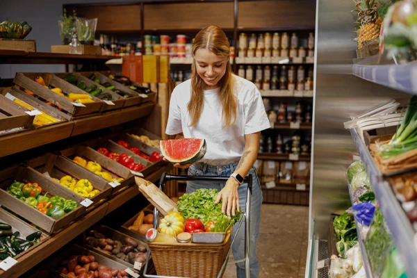 Young shopper excitedly picking out fresh produce while shopping grocery store