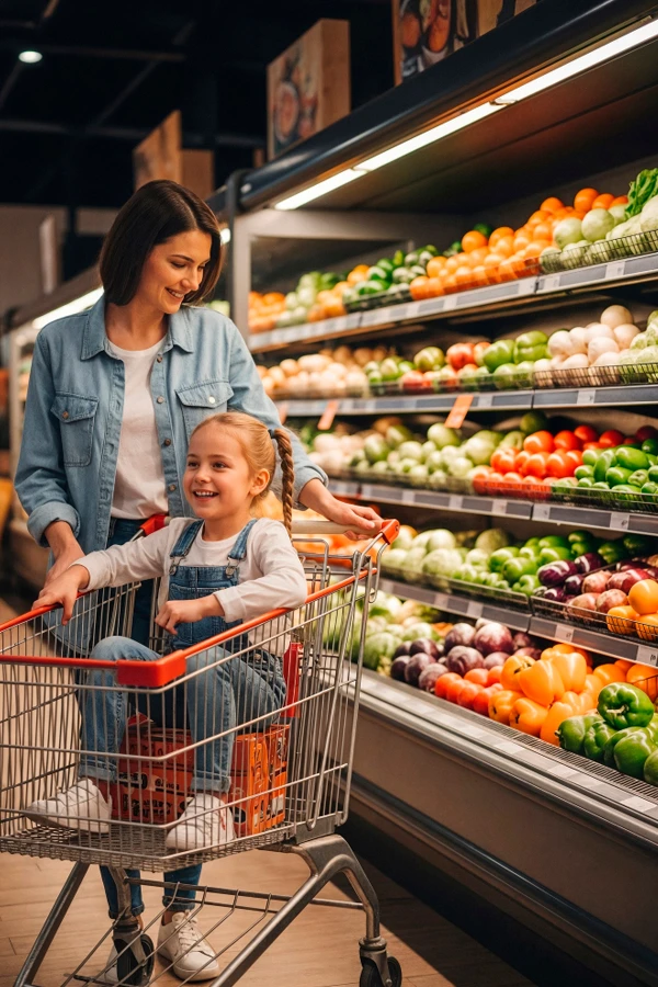 Mother daughter grocery shopping supermarket